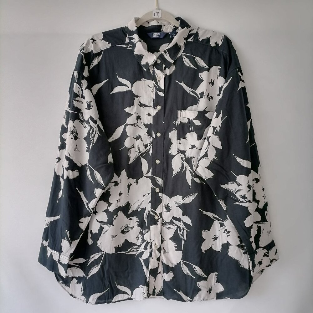 Lands' End Womens Navy Blue Drop Shoulder Button Up Floral Shirt Size Large